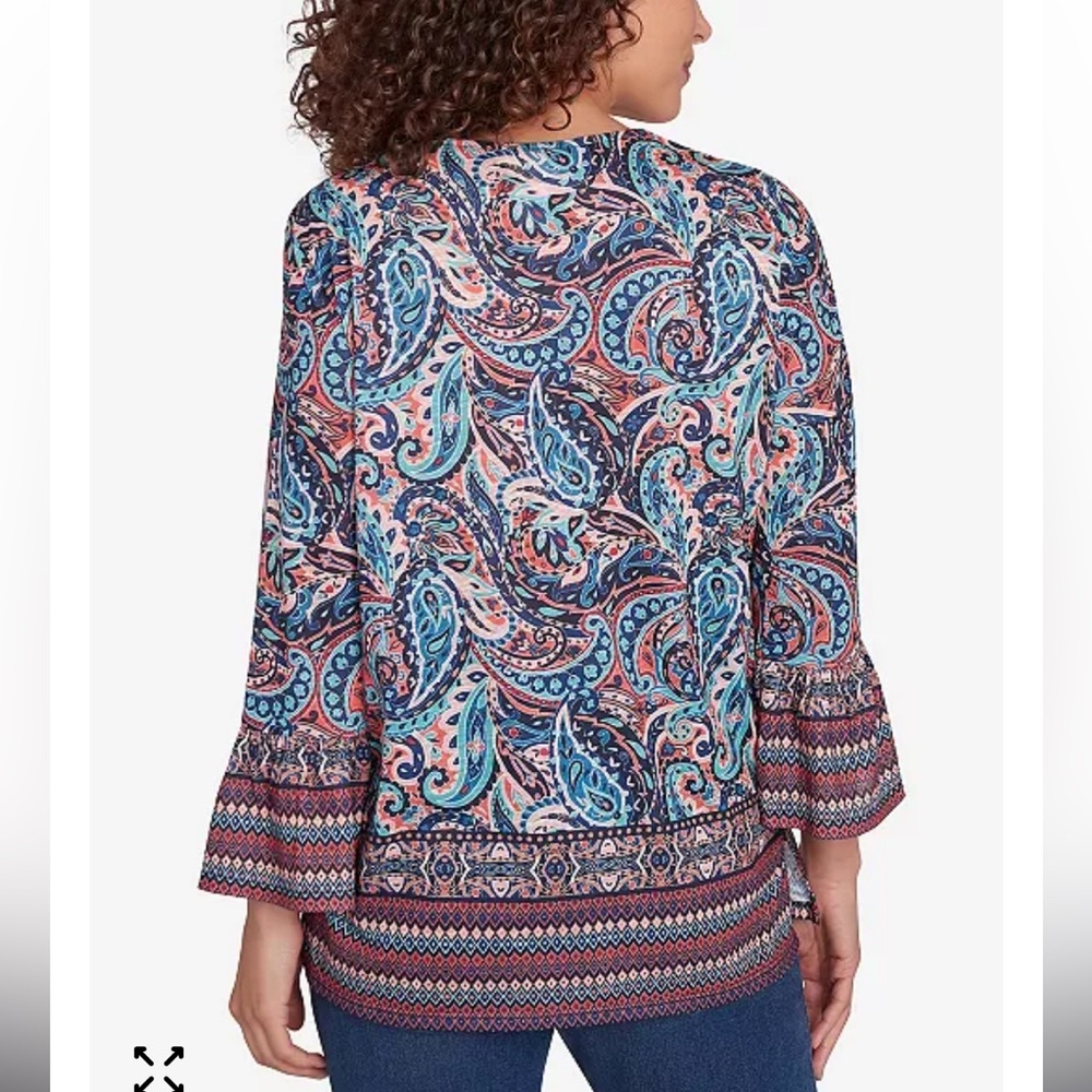 Ruby Rd. Blue Multi Paisley V-Neck Peasant Blouse - Picture 2 of 8